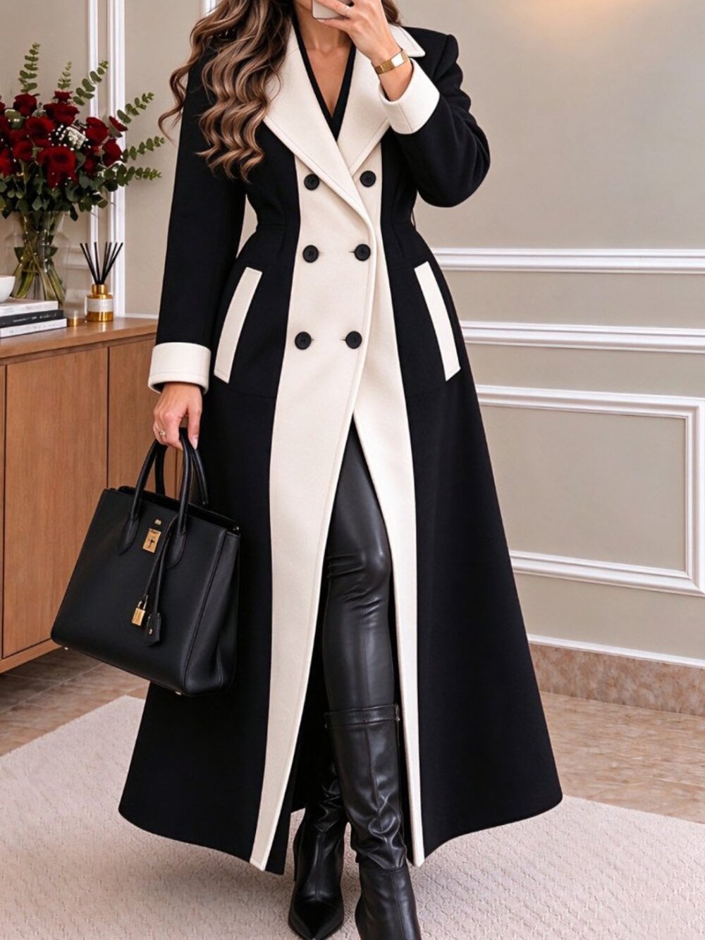 Black & White Elegant Women's Double Button Lapel Long Coat